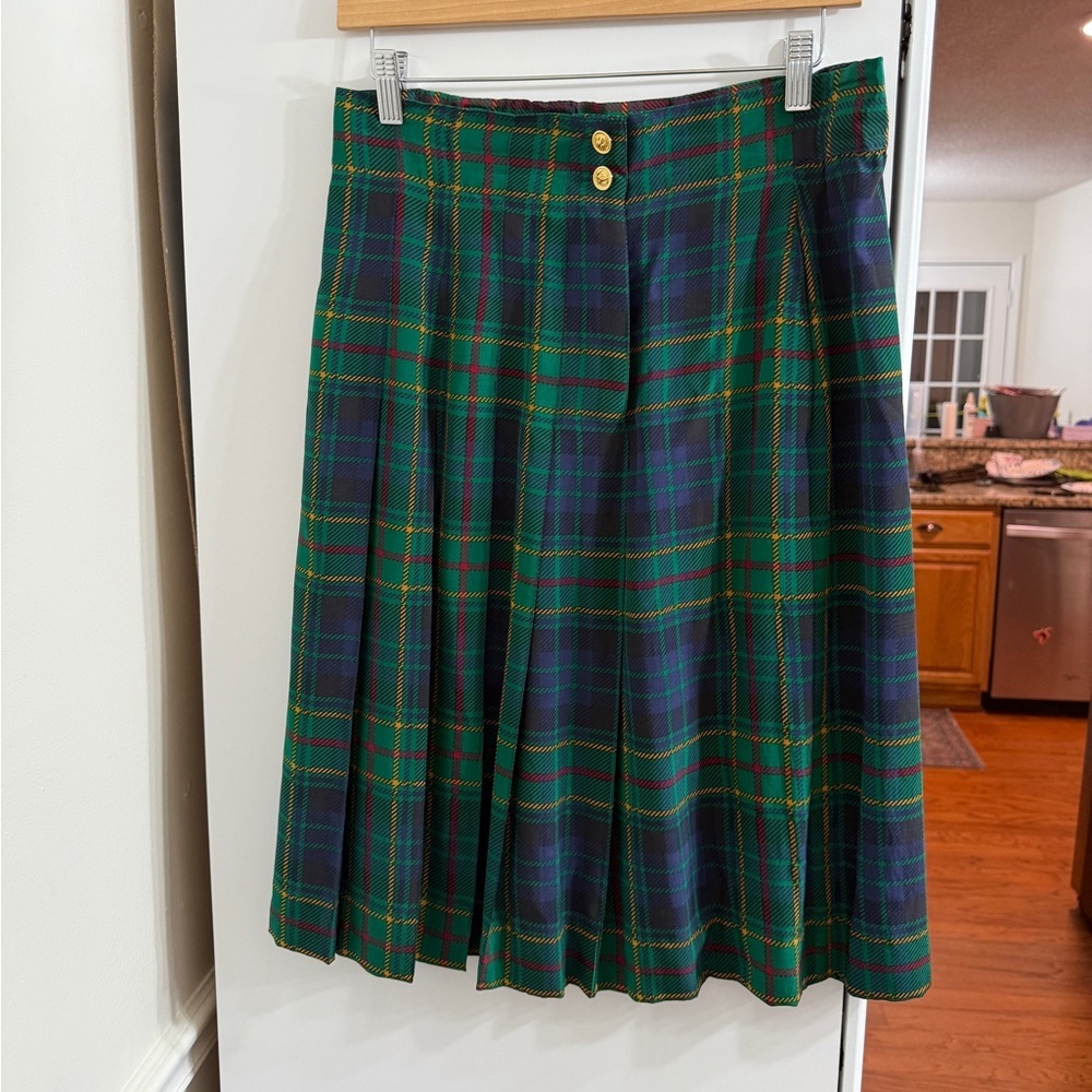 Vintage 90s 80s Sunny Leigh 100% Silk Tartan Plaid Pleated Skirt Size Medium